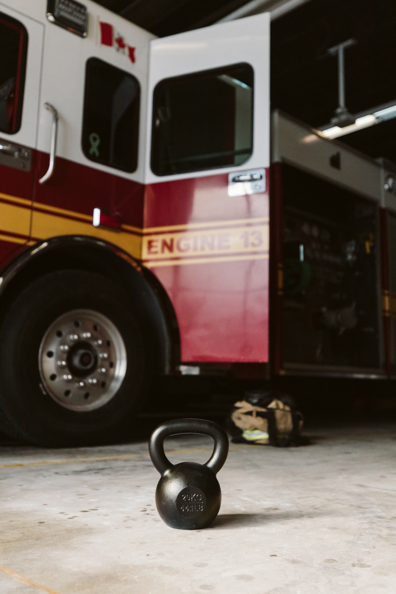 A 20kg kettlebell parked in front of Engine 13.